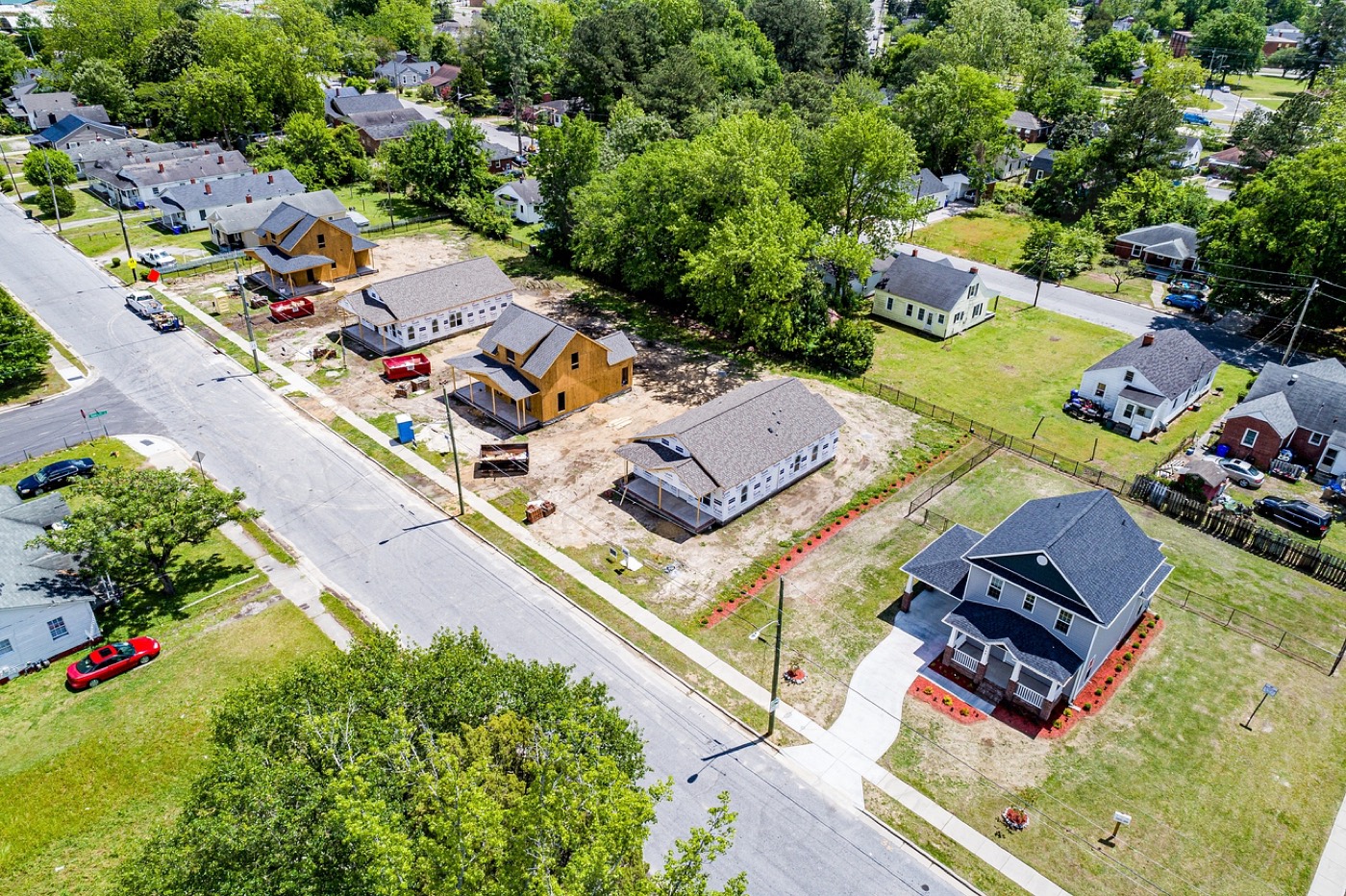 Aerial view of a residential street from a drone